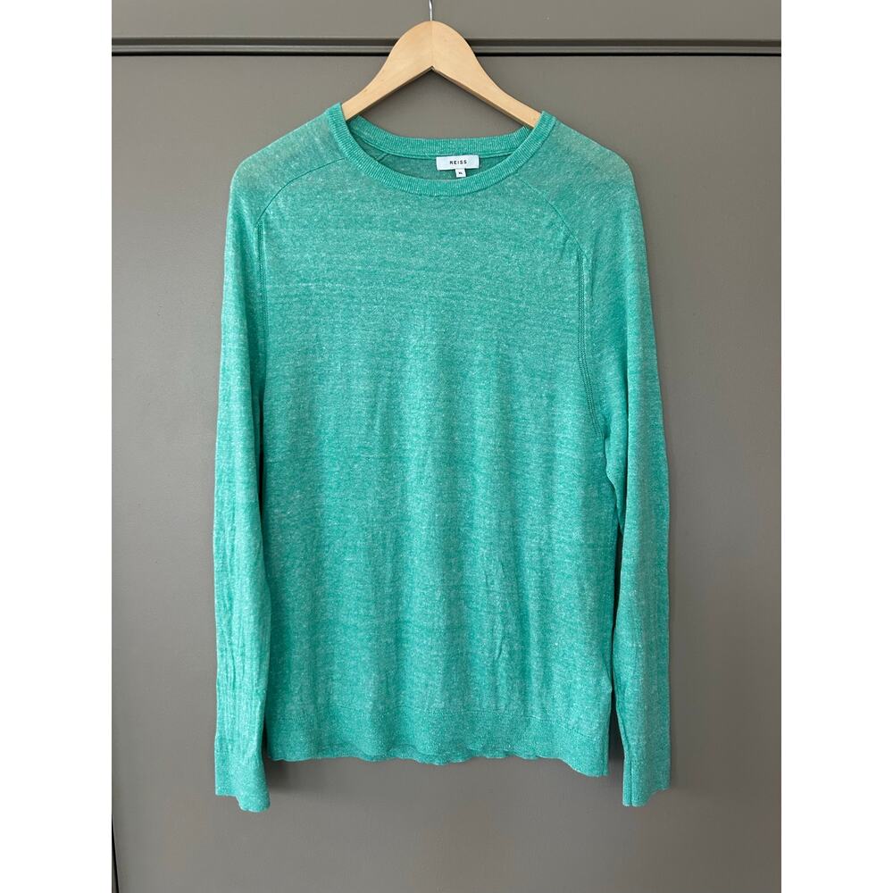 REISS Sage Green Crew Neck Sweater Long Sleeve Merino Wool linen Blend coastal